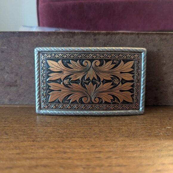 Vintage Worked‎ Copper Silver Metal Belt Buckle Engraved Western Boho Unisex main image 4